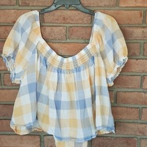Arizona Jean Co cropped off shoulder top blue yellow plaid size xxl